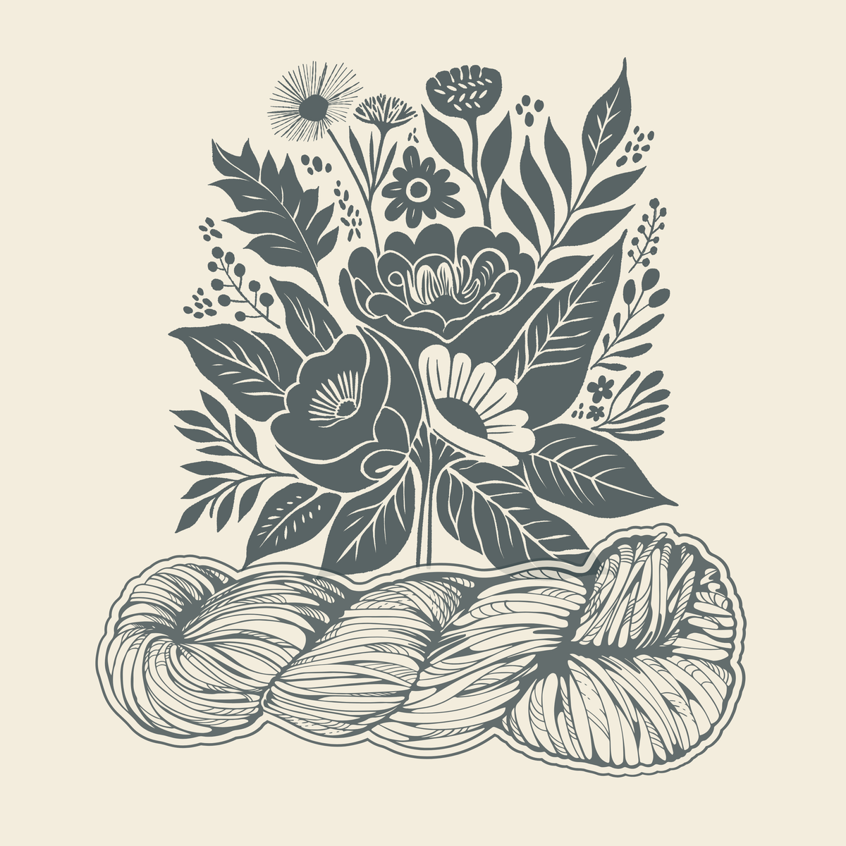 Wildlight Stitchery floral logo with yarn skein